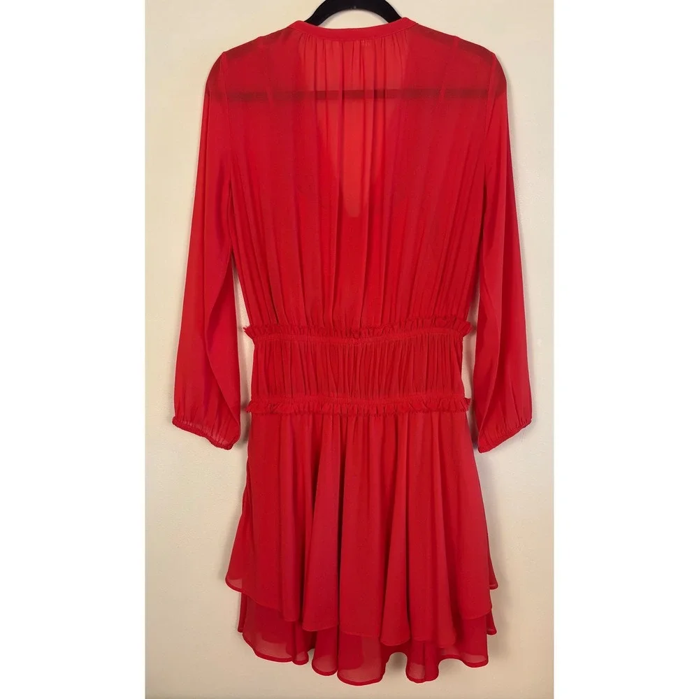 MAJE Rulla Shirred Waist Mini Dress Red Women Size 1 Small Ruffle Skirt Slip